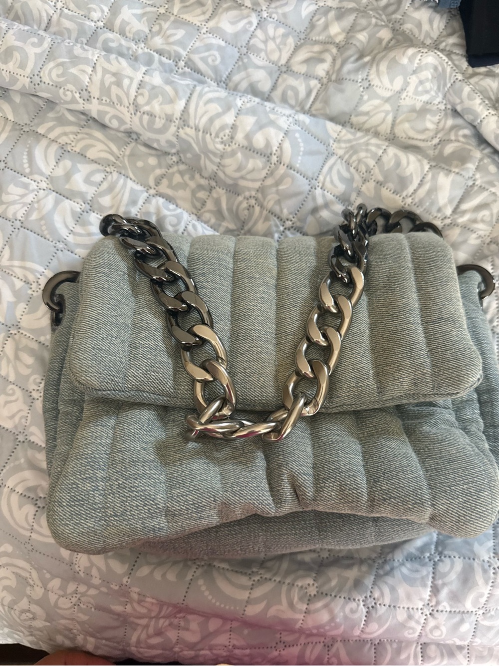 THINK ROYLN Quilted Light blue denim Shoulder Bag with Gunmetal Chain